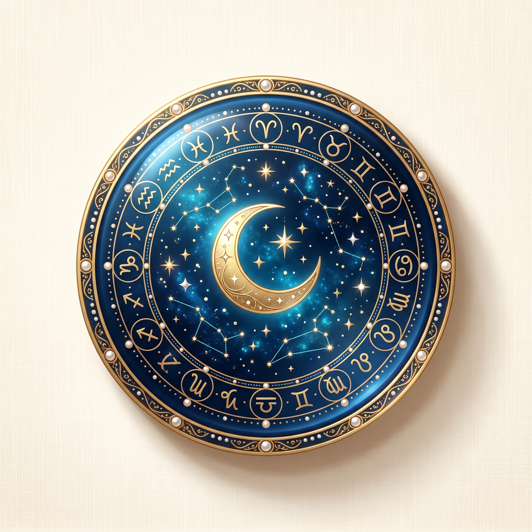 Zodiakwiel met sterrenbeelden en gouden maansikkel