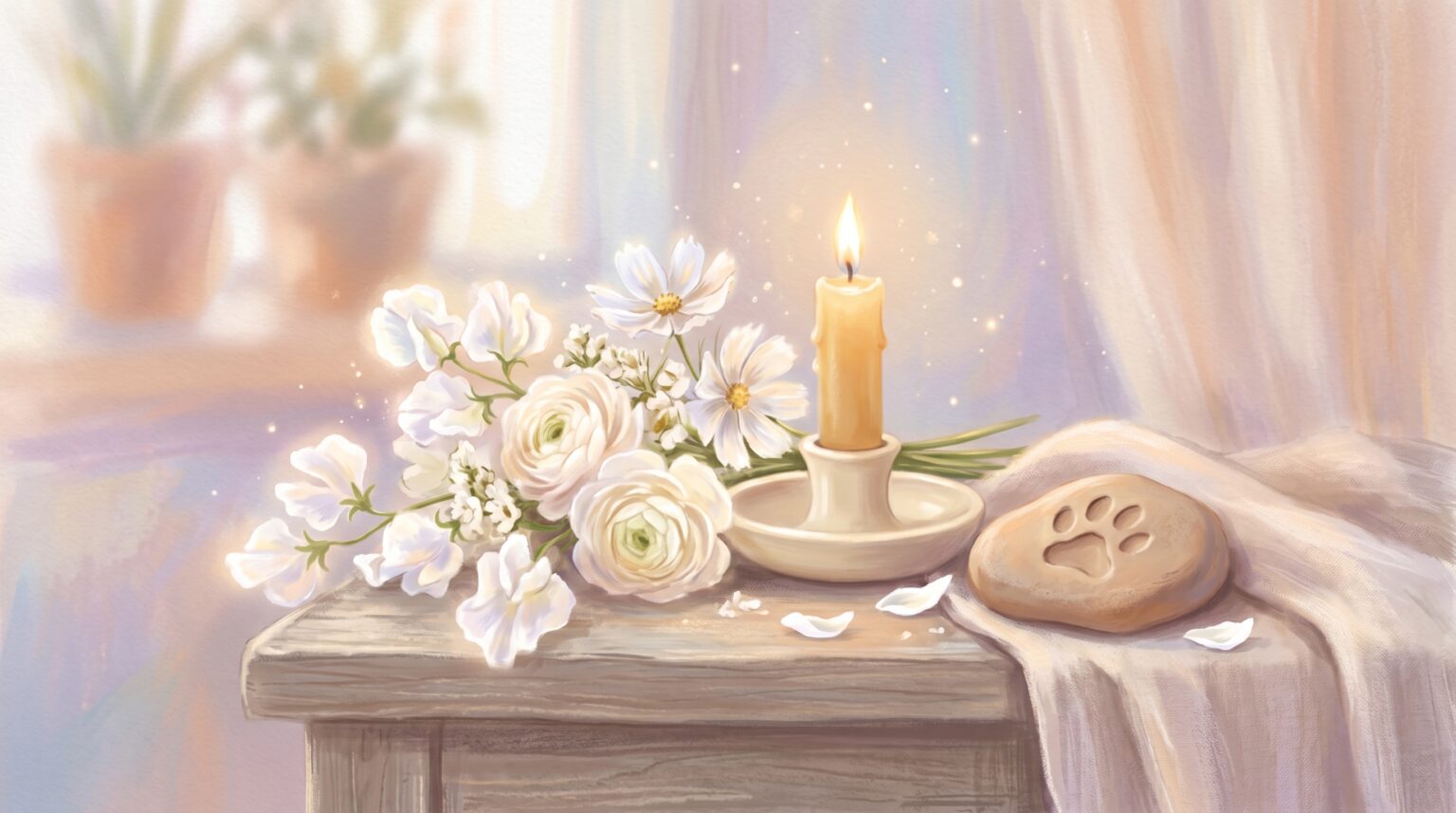 Kaars, witte bloemen en een pootafdruk