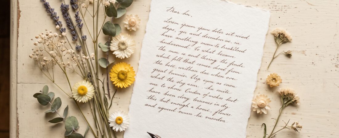 Handgeschreven naam met droogbloemen en inktpen