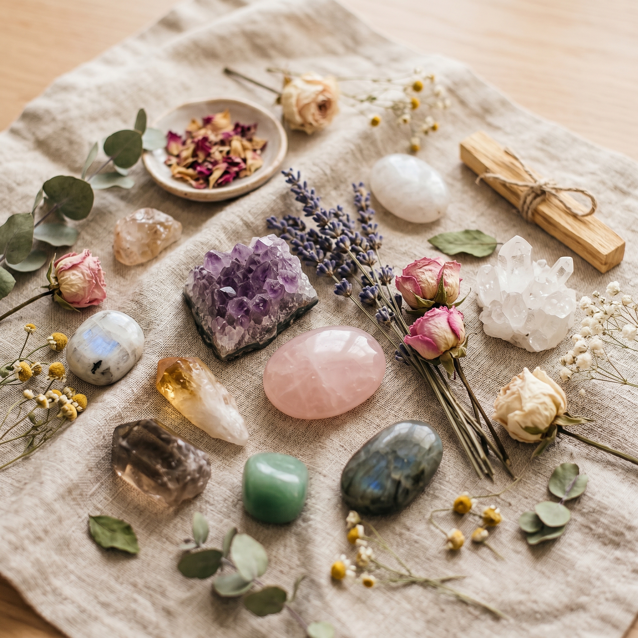 Flatlay van edelstenen en kristallen