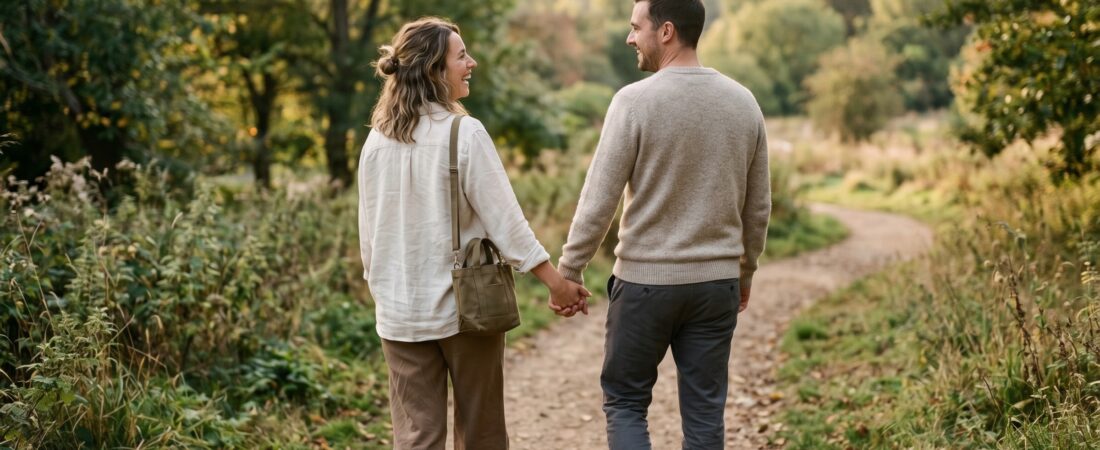 Hand in hand wandelend stel in herfstlicht