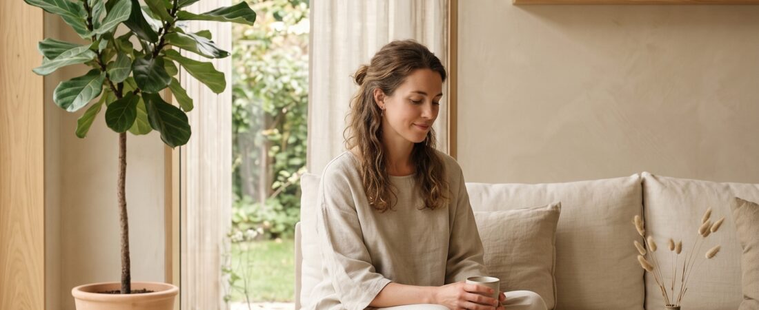 Vrouw op de bank met plant en ochtendlicht