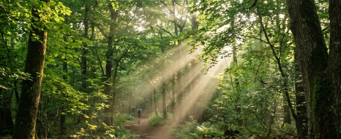Zonnestralen door een bospad — symbool voor jouw levenspad