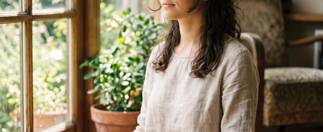 Vrouw mediteert bij het raam — rust voor een vol hoofd