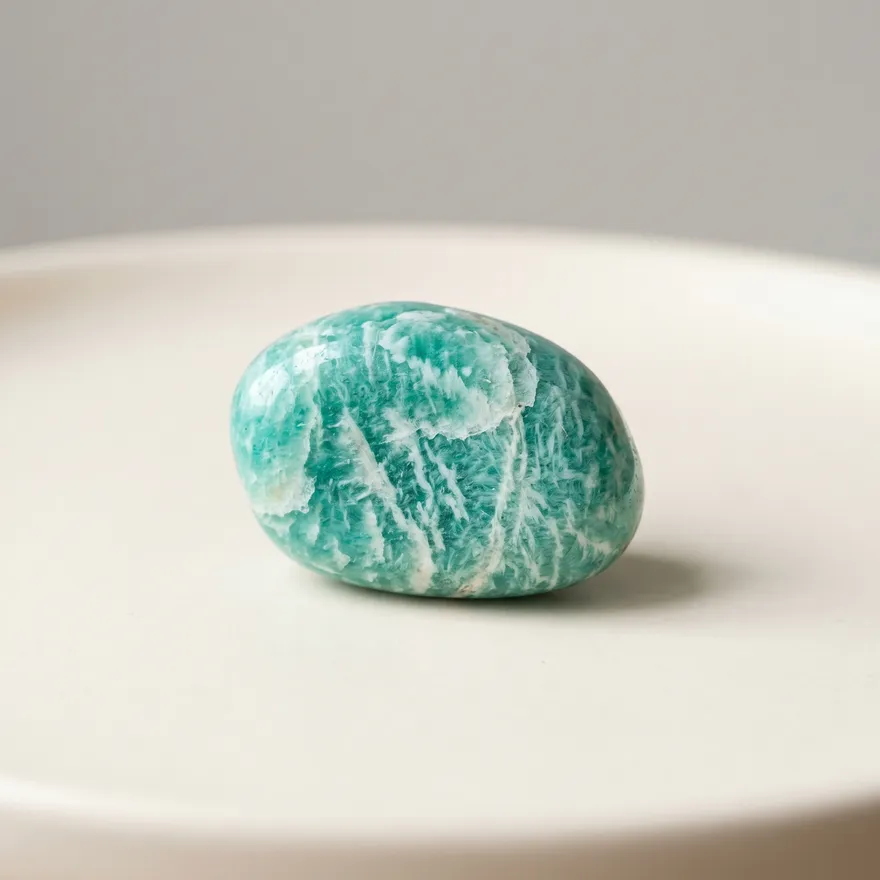 Turquoise-groene amazoniet edelsteen op een lichte achtergrond