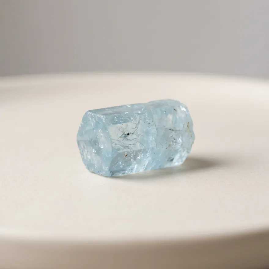 Helderblauw geslepen aquamarijn kristal op een lichte achtergrond