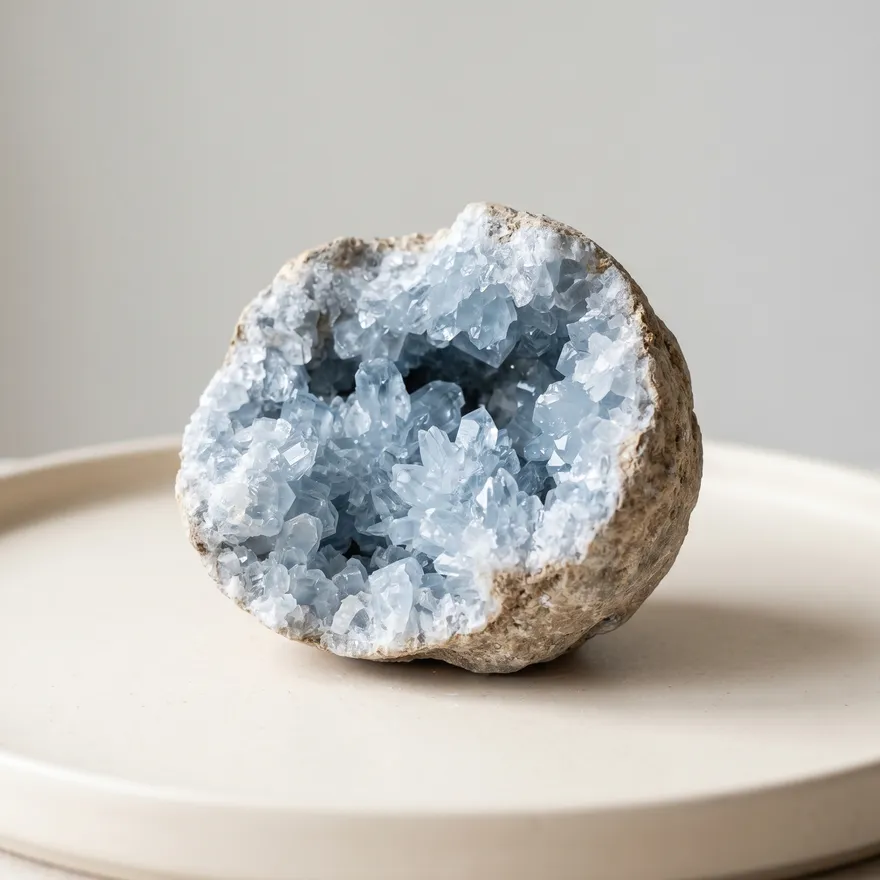 Blauwe celestien geode met hemelsblauwe kristallen op een lichte achtergrond