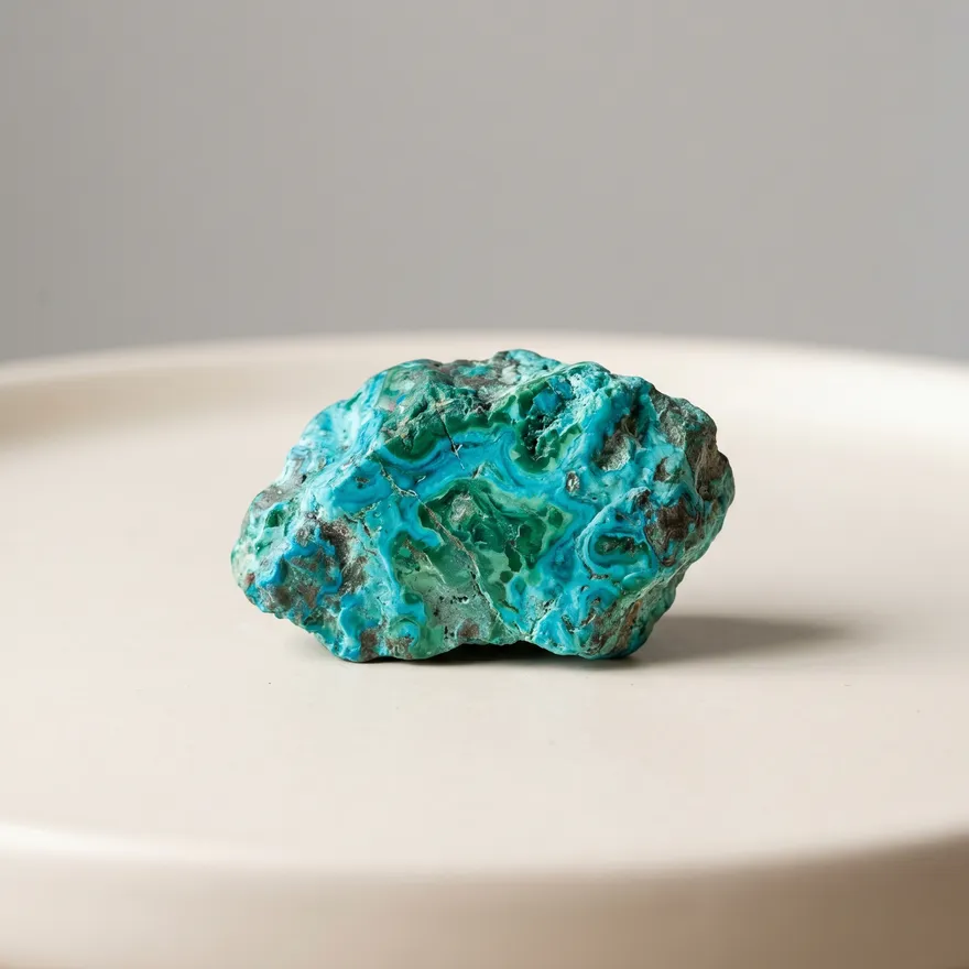 Turquoise-groenblauw chrysocolla steen met koperen glinstering op lichte achtergrond