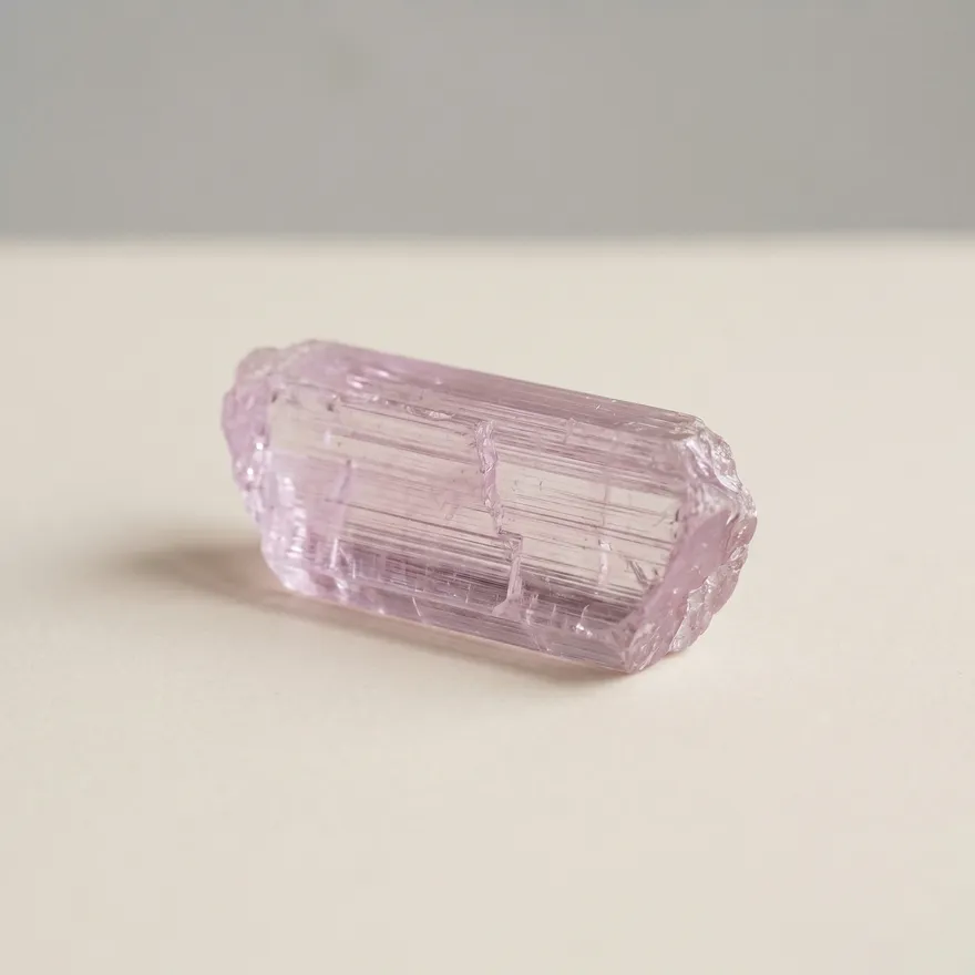 Roze kunziet kristal met zachte roze glans op een lichte achtergrond