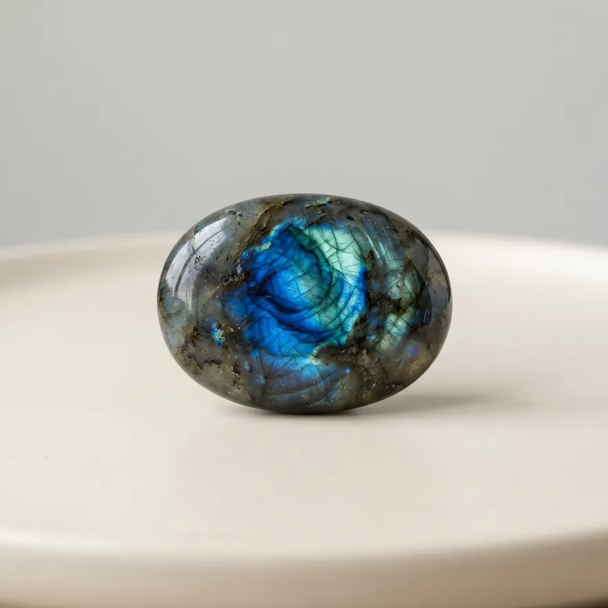 Grijsgroene labradoriet steen met blauw-groene labradorescentie glans
