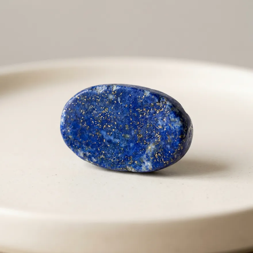 Diepblauwe lapis lazuli steen met goudkleurige pyriet-spikkels op een lichte achtergrond